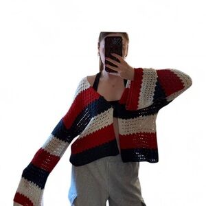 33Degrees Cropped red, navy, and white knit cardigan XXL